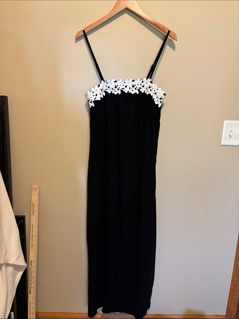 Black Spaghetti-Strap Dress with White Floral Lace Trim